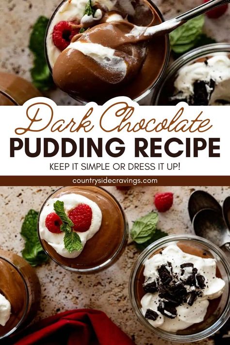 Every spoonful of this ClasDark Chocolate Pudding Recipe is bursting with intense chocolate flavor that will leave you craving more. You can elevate this classic dessert by topping it off with a variety of scrumptious add-ons, such as fresh fruits, delicate chocolate curls, crunchy cookie crumbles, or a dollop of freshly whipped cream. Dark Chocolate Pudding Recipe, Black Pudding Recipe, Chocolate Molten Lava Cake, Dark Chocolate Pudding, Vegan Chocolate Pudding, Molten Lava Cake, Chocolate Pudding Recipe, Hip Huggers, Homemade Chocolate Pudding