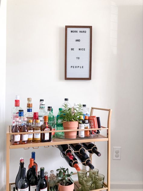 Bar cart, modern dining room, letter board, letter board quotes, work hard and be nice to people, gold bar cart, dining room decor, dining room Bar Cart Quote Board, Bar Cart Quotes, Room Letter Board, Bar Cart Dining Room, Bar Cart Modern, Work Hard And Be Nice, Letter Board Quotes, Be Nice To People, Quotes Work