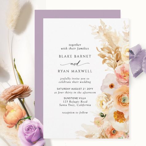 Elegant Simple Peach, Blush Cream Lavender Wedding Invitation Purple And Peach Wedding, Lavender Wedding Invitation, Peach Delight, Purple And Peach, Peach Wedding Invitations, Lavender Wedding Invitations, Blush Cream, Peach Blush, Purple Design