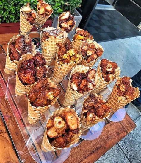 #Foodincones #food #cones Street Food Business, Food Truck Menu, Bubble Waffle, Waffle Cones, Smoked Food Recipes, Chicken And Waffles, Fair Food Recipes, Food Goals, Food Platters