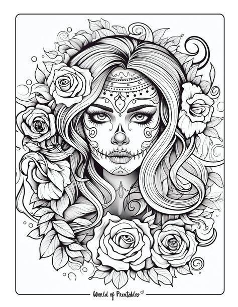 Goth Coloring Pages For Adults, Sugar Skull Coloring Pages For Kids, Legs Tattoo, Sugar Skull Girl Drawing, Scary Coloring Pages, Sugar Skull Drawing, Day Of The Dead Girl Tattoo, Lower Back Tattoo Designs, Super Coloring Pages