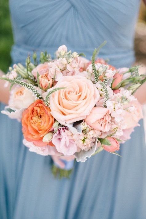 California Wedding with Rustic Chic Pastels Flower Thoughts, Sunset Bouquet, Peach Bridesmaid, Peach Bridesmaid Dresses, Summer Bridesmaids, Chelsea Blue, Rustic Summer Wedding, Top Wedding Trends, Wedding Flowers Summer