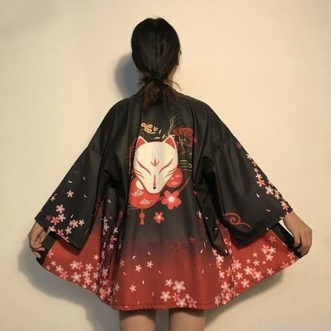 kitsune kimono cardigan shirt Japanese Kimono Traditional, Outfit Kimono, Long Kimono Cardigan, Gilet Kimono, Kimono Traditional, Kawaii Shirt, Japanese Yukata, Kawaii Shirts, Cardigan Kimono