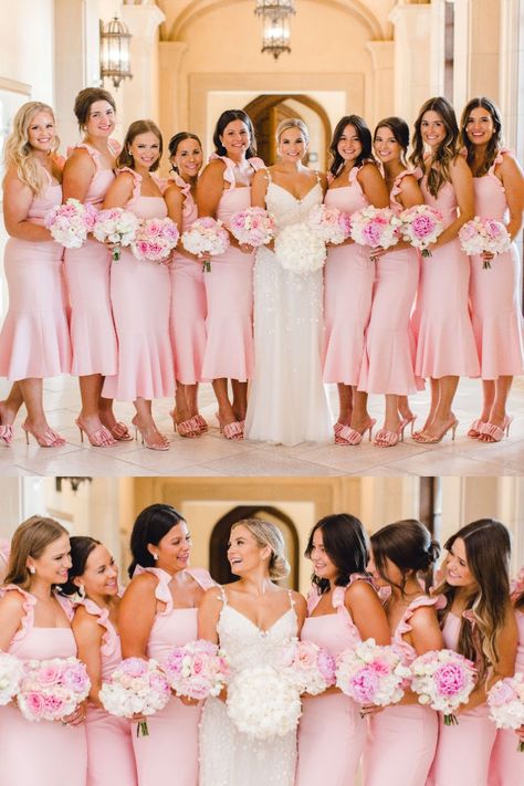 A vision of Pink / Pink wedding inspiration Pink wedding inspiration, pink dresses, pink bridesmiads dresses! Photo – Sarah Blaze Photography Candy Pink Wedding Color Schemes, Pink And Cream Wedding Color Schemes, Pink Themed Wedding Color Combos, Light Pink Wedding Theme Color Schemes, Bridesmaid Dresses Baby Pink, Light Pink Wedding Decor, Wedding Pink Theme, Wedding Themes Pink, Baby Pink Wedding Theme