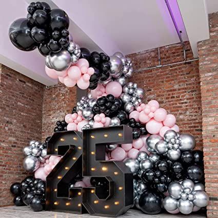 Balloon Arch Wedding, Black Party Decorations, Silver Party Decorations, Balloon Wreath, Pink Party Decorations, Pink Birthday Party, Silver Balloon, Garland Arch, Silver Party