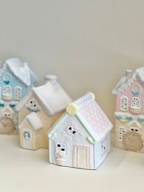 Painted Ceramic Houses Christmas, Christmas Village Painted White, Pink Christmas Village Houses, Pastel Christmas Village Houses, Painted Christmas Gifts, Vintage Putz Houses Christmas Villages, Gingerbread Christmas Tree, Daughter Christmas, Pink Ornament