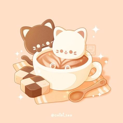 Kawaii Cat Drawing, Chibi Food, Images Kawaii, Cute Kawaii Animals, Cute Food Drawings, Cute Food Art, Cozy Cafe, Cute Animal Drawings Kawaii, Hello Kitty Iphone Wallpaper