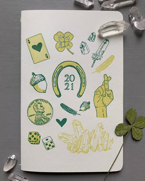 Blackbird Letterpress on Instagram: “Limited edition LUCK journals! While supplies last. #fingerscrossed #fourleafclover #horseshoe #crystals #luckypenny #luck #ace #dice…” Hairstylist Merch, Luck Artwork, Lucky Horseshoe Drawing, Chartreuse And Teal, Horseshoe Illustration, Vintage Horseshoe Illustration, Lucky Things, Lavender Aura, Typography Sketch