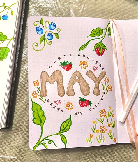 May Page Bullet Journal, May Scrapbook Page, May 2024 Bullet Journal, May Spreads Bullet Journal, May Bullet Journal Ideas Layout, Nature Bujo Theme, May Journal Cover Page, Spring Journal Aesthetic, Spring Bujo Ideas