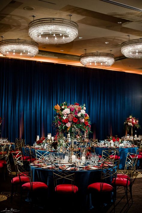 Red And Blue Wedding Reception, Hotel Ballroom Wedding Receptions, Quince Table, Red Winter Wedding, Red Events, Winter Wedding Red, Blue Wedding Receptions, Ballroom Wedding Reception, Red Gold Wedding