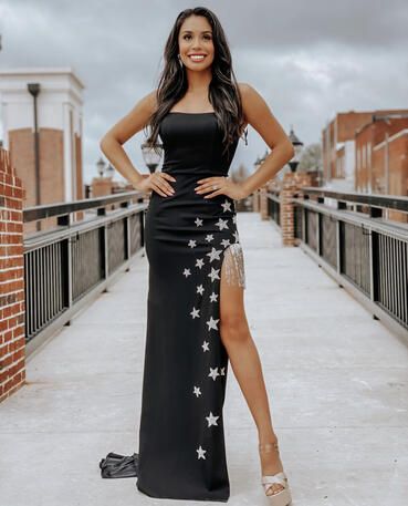 undefined Prom Dress With Stars, Long Tight Dress, Star Prom Dress, Dress With Stars, Stretch Satin Fabric, Strapless Prom Dresses, Black Mermaid, Prom Long, Star Black