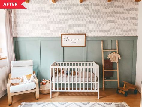 After: Nursery with green board-and-batten with geometric wallpaper Colorful Clean Bedroom, Forest Creek, Nursery Accents, Nursery Accent Wall, Garage Update, Whimsical Bedroom, Board And Batten Wall, Baby Boy Room Nursery, Wallpaper Accent