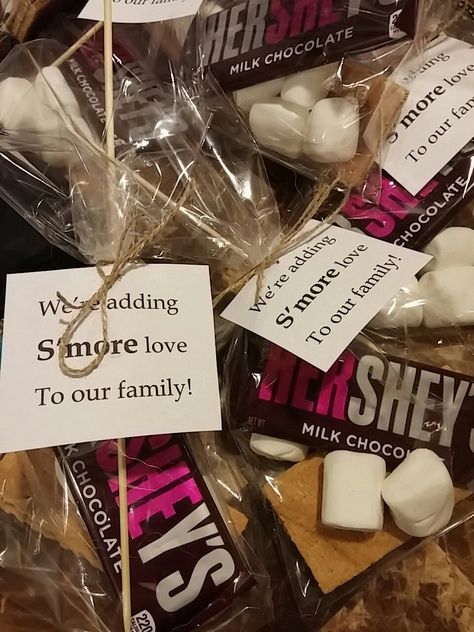 Smores Theme Gender Reveal, Bonfire Baby Shower Ideas, Smores Gender Reveal, S’more Gender Reveal, Smore Love Adoption Party, Evening Baby Shower Ideas, Smores Baby Shower Favors, Smores Baby Shower Ideas, Bonfire Gender Reveal