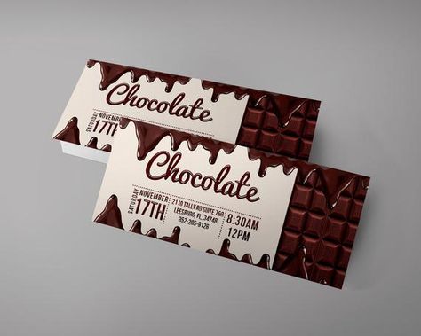 Chocolate ticket, chocolate invitation ticket, chocolate birthday invitation ticket, chocolate invit Chocolate Invitation, School Party Invitation, Ticket Printable, Dinner Theater, Invitation Layout, Chocolate Packaging Design, Chocolate Slabs, 50th Bday, Chocolate Party