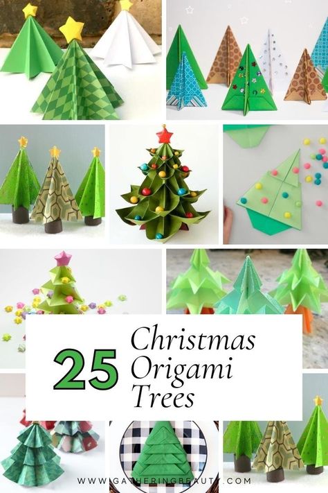 Origami Door Decoration, Origami Christmas Tree Decorations, Origami Christmas Ornaments Tutorial, Origami Christmas Tree Easy, Origami Pine Tree, Origami Trees Christmas, Xmas Origami Easy, Easy Christmas Origami For Kids, Oragami Christmas Trees Easy