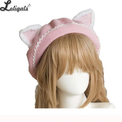 Kawaii Hats, Cat Ear Beret, White Cat Ears, Fruit Clothes, White Beret, Beret Outfit, Cute Beret, Kawaii Hat, Happy Clothes