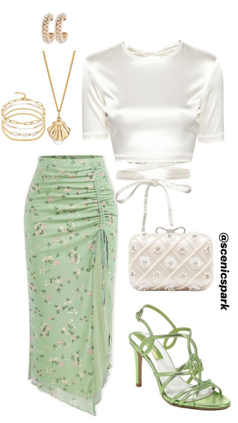 #green #ootd #outfit #date #floralskirt #satin #fashion #style Classy Green Outfits, Fashion Green Outfit, Green Ootd, Rich Outfits, Outfit Shein, Modest Girly Outfits, Outfit Date, Outfit Planner, Green Outfits