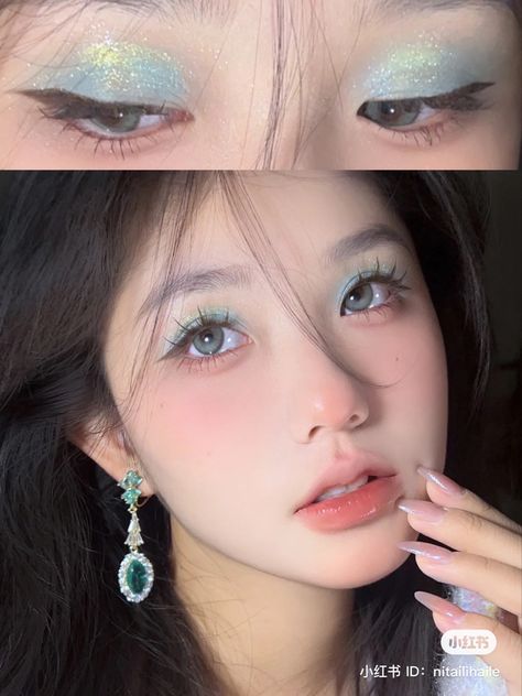 Xiaohongshu Makeup, Teal Eye Makeup, Teal Makeup, Disco Makeup, Chinese Makeup, Inspo Makeup, Douyin Makeup, Doll Eye Makeup, Makeup Face Charts