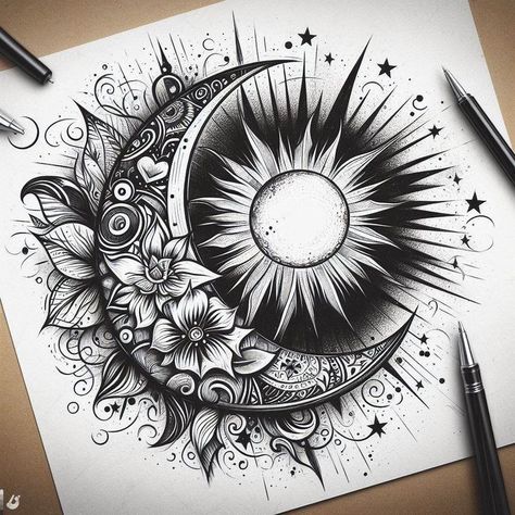 Sun And Moon Stars Tattoo, Sun Moon And Stars Tattoo Sleeve, Tattoo Ideas Moon And Stars, Sun And Moon Chest Tattoo, Side Piece Tattoos For Women, Moon And Sun Tattoos, Sun Moon Tattoo Design, Sun And Moon Sketch, Sun And Flower Tattoo