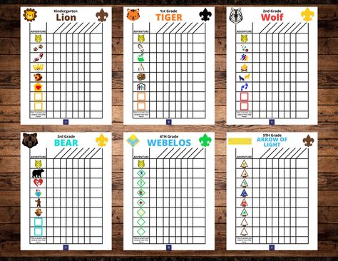 NEW UPDATED 2024 RANK ADVANCEMENT CHARTS!  Track each Cub Scout Den's advancement with these easy-to-read colorful progress charts.  Use stickers, to mark each step or color in the squares.  Each chart has space for up to 7 names and has the picture of each adventure they need to complete to move on to the next rank.  Leaders can see at a glance who needs to complete what, and scouts can see their progress.  Bundle comes with charts for Lion, Tiger, Wolf, Bear, Webelos, and Arrow of Light.  This is a Digital file only.  No hard copy will be sent.  Print on 8 x 10 copier paper or card stock at home or download to a jump drive and bring it to your nearest print shop. Citizenship Activities, Arrow Of Light, Cub Scouts Wolf, Tiger Scouts, Scouts Bsa, Wolf Den, Arrow Of Lights, Scout Ideas, Cub Scout