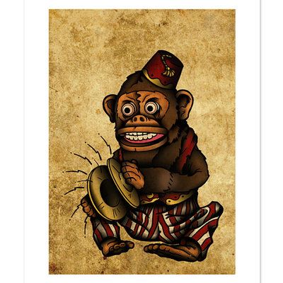 Monkey Drawings, Jolly Chimp, Traditional Tattoo Animals, Old School Art, Clock Tattoos, Drum Tattoo, Bowling Design, Monkey Tattoo, Monkey Toy