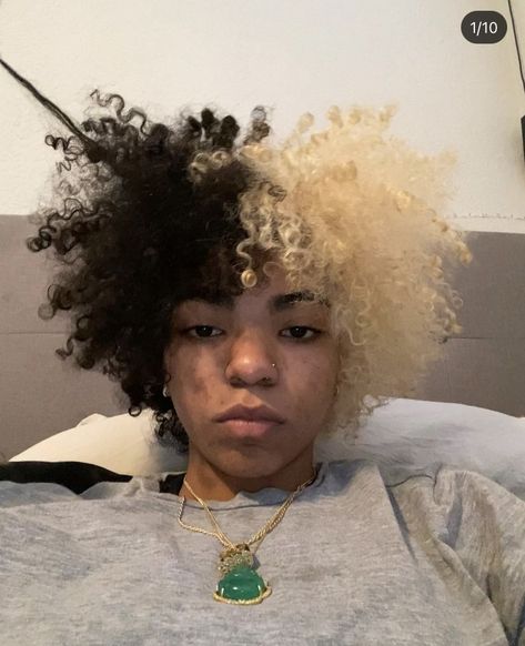 Afro Colored Hair, Short 4c Hair Dyed, Half Dyed Curly Hair, Dyed Afro Hair, Afro Split Dye, Half Black Half Blonde Hair Curly, Split Color Hair, Dyed Curly Hair Men, Natural Hair Color Chart