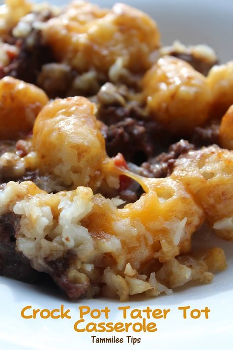 Ground beef & tater tot casserole: Brown 1 lb of ground beef; Mix together ground beef, 1 onion(chopped), 1 can rotel, 1 can cream of chicken in crock pot; top mixture with a layer of tater tots (16 oz bag); cook on low 2.5-3 hours; 30 min before serving, top with 2 cups of shredded cheddar cheese Crock Pot Tater Tot Casserole, Tater Tot Casserole Recipes, Slow Cooker Casserole, Crock Pot Food, Tot Casserole, Tater Tot Casserole, Crockpot Dishes, Tater Tots, S'mores