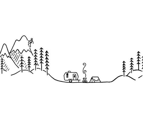 Caravan Tattoo Small, Camping Doodle Art, How To Draw Camping Stuff, Easy Camping Drawings, Camping Drawing Simple, Rv Drawing, Camper Tattoo, Camping Doodles, Adventure Drawing