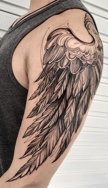 Wing Tattoo Men Shoulder, Shoulder Wings Tattoo Men, Wing Tattoo Shoulder Women, Dark Wing Tattoo, Wing On Shoulder Tattoo, Wings On Arm Tattoo, Angel Wing Sleeve Tattoo Women, Wing Tattoo Shoulder, Wing Tattoo Women