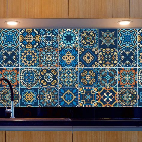 Moroccan Tiles Kitchen, Blue Wall Stickers, Wall Tile Stickers, Vinyl Wall Tiles, Bathroom Table, Mosaic Tile Stickers, Wallpaper And Tiles, Kitchen Top, Mexican Spanish