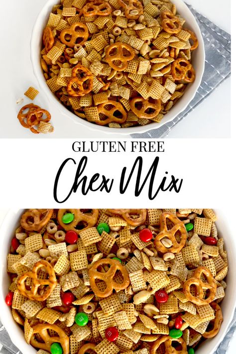 Gluten Free Chex Mix with red and green mms. Road Trips Snacks, Gluten Free Chex Mix Recipes, Gluten Free Snack Mix, Chex Party Mix Recipe, Airplane Snacks, Gluten Free Chex, Party Mix Recipe, Gluten Free Party Food, Gluten Free Party