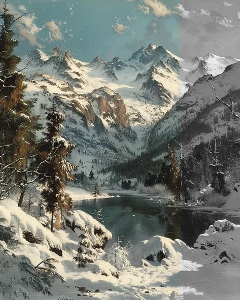 Full Color Image in ai-img-gen.com 🔸 Albert Bierstadt, Rocky Mountains in the winter --no signatures --ar 4:5 🔸 From Midjourney AI Image Snowy Mountains Painting, Mystical Landscapes, Snowy Village, Inktober 2024, Cold Mountain, Albert Bierstadt, Winter Mountain, Color Image, Frozen Lake