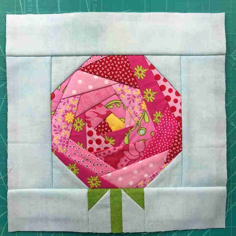 FREE QUILT AS YOU GO ALONG PART 8. CRAZY PATCHWORK FLOWER BLOCK Crumb Quilt Blocks Patterns, Flower Quilt Square, Quilt Pillow Pattern Free, Pillow Quilt Patterns Free, Block Pattern Design, Rose Quilt Pattern Free, Patchwork Flowers, Flower Quilt Pattern, Paper Pieced Flowers Free Pattern