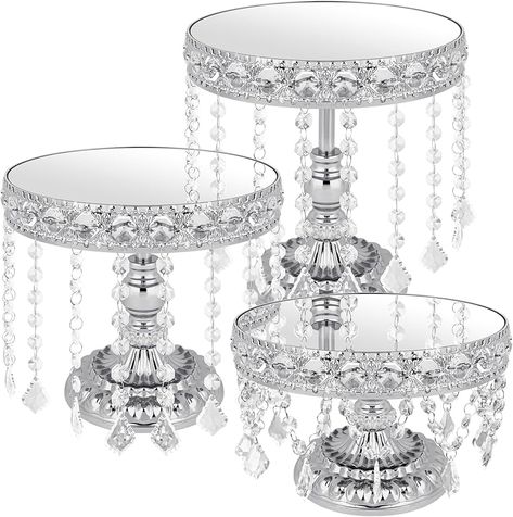 Amazon.com: PYQTH 3 PCS Crystal Cake Stand Round Cake Stand with Crystal Bling Pendants – European Style Round Lace Cake Plate Silver Premium Display Stand for Weddings, Birthdays, and Special Events : Home & Kitchen Sparkly Wedding Table Decor, Wedding Cakes Small, Winter Wonderland Wedding Cakes, Silver Wedding Decor, Cake Table Wedding, Gala Centerpieces, Crown Display, Wedding Cake Table Decorations, Bling Wedding Cakes