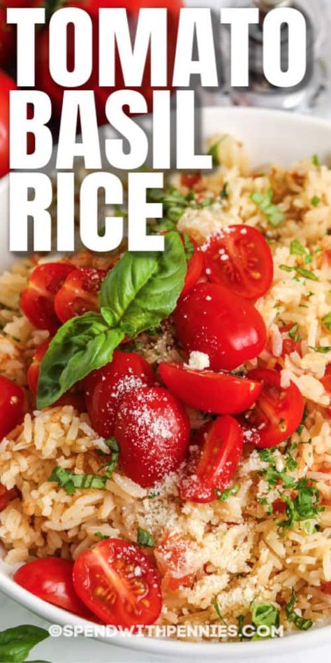 Tomato Basil Rice is simple to make, and is chock full of fresh ingredients! Add chicken, beef, or beans for some extra protein and flavor!  #spendwithpennies #tomatorice #recipe #sidedish #basil Tomato And Rice Recipes, Rice Tomato Recipe, Chicken Rice Tomato Recipes, Rice Sides For Chicken, Rice And Tomato Recipe, Basil Rice Recipe, Tomato Basil Rice, Flavourful Rice, Rice With Tomatoes