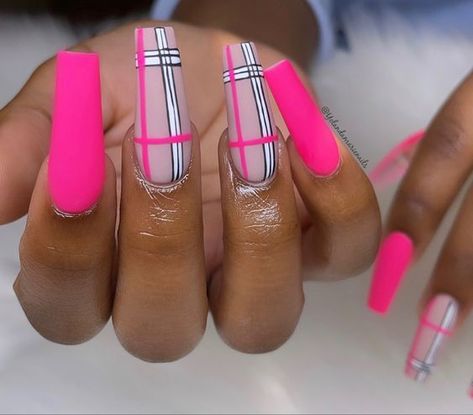 Pink Barbie Nails Ideas, Barbie Pink Birthday Nails, Pink Plaid Nails Acrylic, 50 Shades Of Pink Nails, Pink Barbie Nail Ideas, Barbie Acrylics, Cute Barbie Nails, Pink Hot Nails, Pink Coffin French Tip Nails