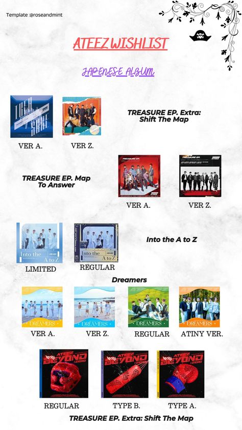 #ateez #album #wishlist Ateez Album Template, Ateez Photocards, Wishlist Template, Kpop Ateez, Album Template, Kpop Albums, Song Min-gi, Photo Cards, The Dreamers