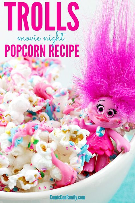 Trolls Movie Night, Movie Night Recipes, Themed Movie Night, Movie Night Popcorn, Night Recipes, Movie Night Snacks, Trolls Birthday Party, Popcorn Recipe, Troll Party