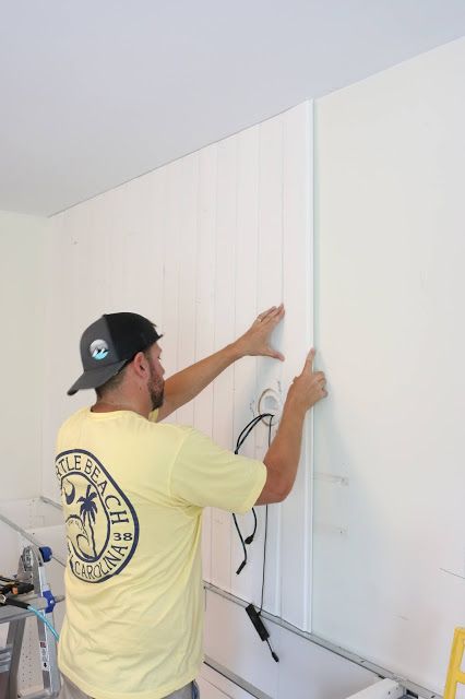 How To Install Vertical Shiplap, Vertical Wood Paneling, Vertical Paneling, Ikea Boxes, Vertical Shiplap, Installing Shiplap, Hide Cords, Chop Saw, Office Nook