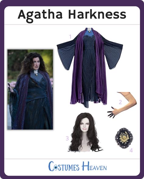 Try out the Agatha Harkness costume to easily dress like this dramatic and bold witch by following our costume guide. This outfit will make you stand out as an iconic look. #AgathaHarkness #wandavision #cosplay #halloweencostume #costumesheaven Agatha Harkness Costume, Wandavision Cosplay, Black Waist Belt, Costume Guide, Agatha Harkness, Dark Magic, Dramatic Style, Salem Witch, Diy Costume