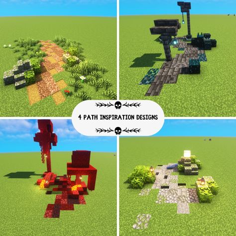 Leaves, stone, light, cool colors, warm colors, gradients Nether Paths Minecraft, Nether Pathways Minecraft, Minecraft Ancient Ruins, Minecraft Path Design, Path Minecraft, Minecraft Path Ideas, Minecraft Desert House, Minecraft Path, Minecraft Desert