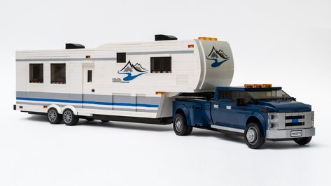 Ford pick up with fifth wheel camper | colognebrick | Flickr Lego Trailer Ideas, Lego Trailer, Lego Truck Instructions, Lego Camper Van, Lego Camper, Lego Track, Lego Camper Set, Lego Off Road Vehicles, Lego Trucks And Trailer