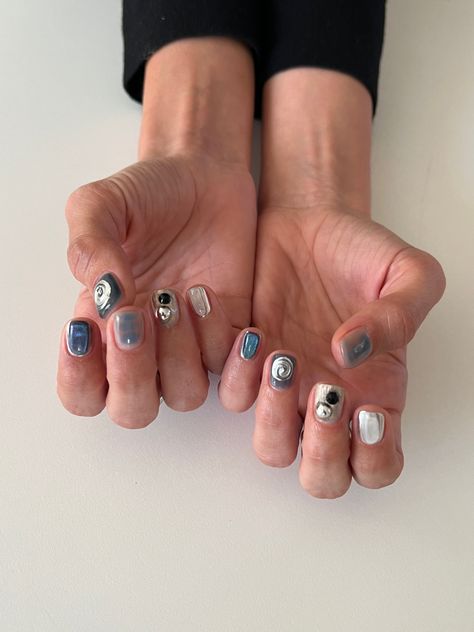 nail art, nail design, manicure, custom manicure, artsy nails, blue nail art, chrome nail art, funky nail art, short manicure, nail inspo, manicure inspo Funky Blue Nail Designs, Blue And Chrome Nails, Blue Chrome Nails Short, Funky Blue Nails, Nail Chrome, Blue Chrome Nails, Short Nails Art, Blue Nail Designs, Jelly Nails