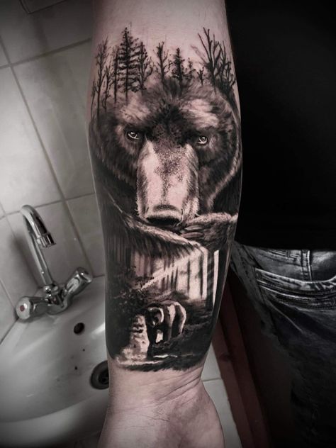 Bear Wilderness Tattoo, Bear Reflection Tattoo, Bear Tattoos For Men Leg, Grizzly Bear Tattoos For Men Forearm, Bear Tattoos For Men Arm, Bear Sleeve Tattoo Men, Bear Tattoos For Men Forearm, Bear Forest Tattoo, Bear Arm Tattoo