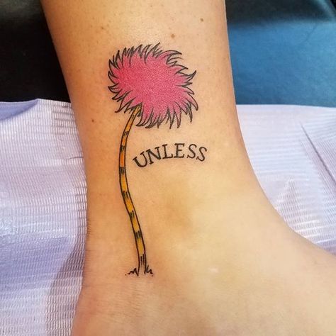 “Unless” + truffula tree The Lorax Tattoo Ideas, Trufulla Tree Tattoo, Unless Tattoo Dr. Seuss, Lorax Tree Tattoo, Truffula Tree Tattoo, The Lorax Tattoo, Tree Tattoo Black And White, Lorax Tattoos, Tree Tattoo Black