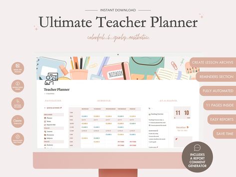 Teacher Planner Notion, Lesson Planner, Repor Notion Teacher Template, Notion For Teachers, Minimalist Teacher, Attendance Tracker, Life Planner Organization, Report Card Comments, Teaching Plan, Planner Setup, Teacher Templates