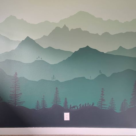 Lord Of The Rings Nursery Mural, Lord Of The Rings Wall Mural, Lotr Themed Bedroom, Middle Earth Nursery, Lotr Bedroom Ideas, Lord Of The Ring Nursery, Lord Of The Rings Mural, Hobbit Baby Room, Hobbit Themed Nursery