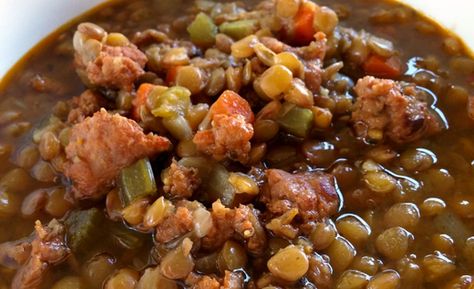 Home_lentil_soup_pn Smothered Chicken Casserole, Italian Lentil Soup, Lentils And Sausage, Lentil Sausage Soup, South Your Mouth, Lentil Soup Recipes, Vegetable Beef Soup, Sausage Soup, Spicy Sausage