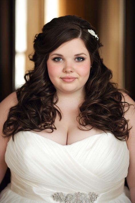 Need wedding hair ideas for your round face? These 45+ bridal hairstyles offer stunning options that will make you glow on your special day. Click to explore the full list now! #bridalhairstyles #roundfacefriendly #weddingdayhair Wedding Haïr Style For Round Face, Plus Size Bridal Hairstyles, Wedding Hairstyles For Plus Size Brides, Round Face Bridal Hairstyles, Wedding Hair For Round Face, Wedding Makeup Round Face, Unique Bridal Hair, Double Chin Hairstyles, Bridal Hair Ideas