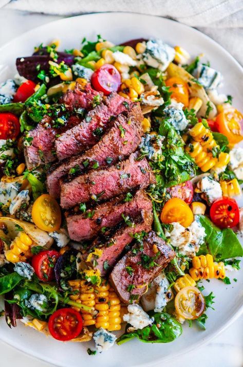 Balsamic Steak Gorgonzola Salad with Grilled Corn - A 20 minute, delicious steak and salad dinner recipe with tomatoes, red onion, home grilled corn, gorgonzola cheese crumbles, gremolata and balsamic vinaigrette. Perfect for the summer grilling months! From aberdeenskitchen.com #balsamic #steak #gorgonzola #salad #grilled #corn #grilling #dinner #recipe #summer #entree #glutenfree #30minute #DetoxandCleanseSalads Steak And Corn Salad, Steak Corn Salad, Steak Gorgonzola Salad, Summer Steak Salad, Avacodo Salad, Salad With Grilled Corn, Steak And Salad, Steak Gorgonzola, Recipe With Tomatoes